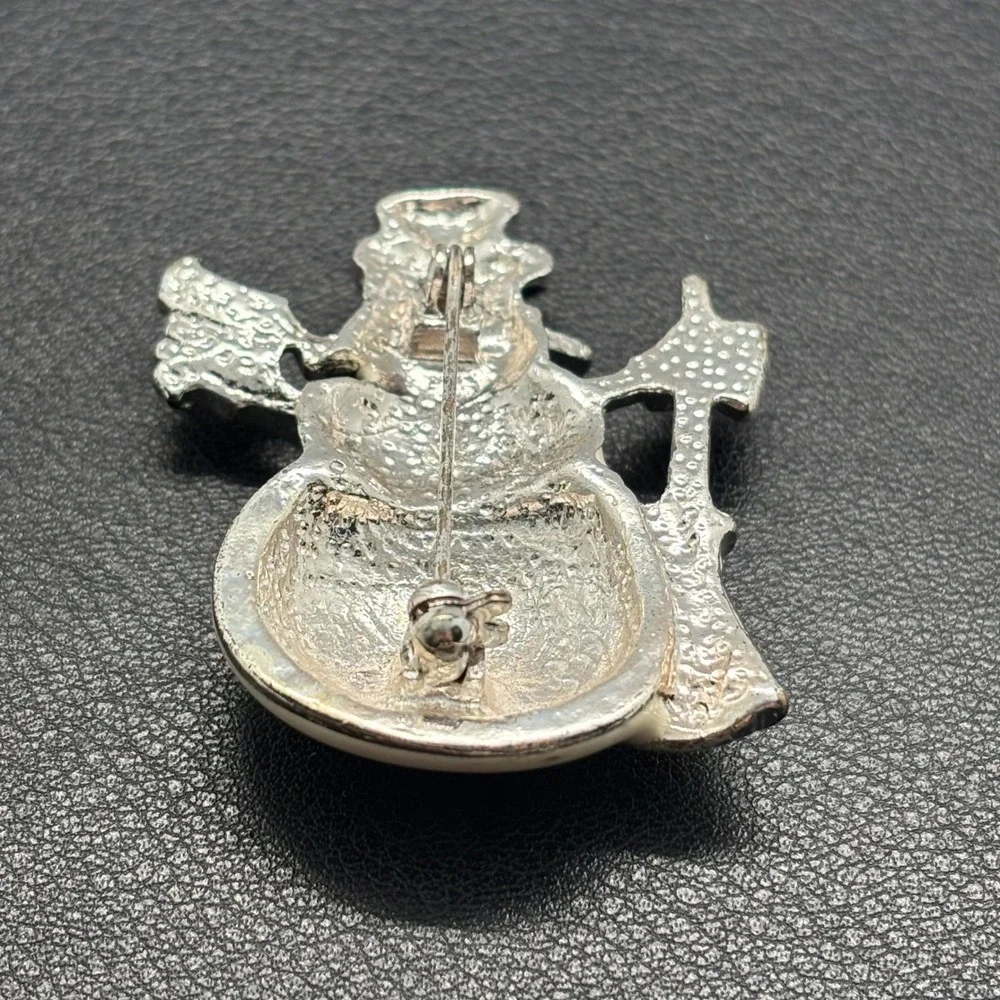 Vintage Snowman Brooch Enamel Christmas Holiday Pin Silver Tone Broom 1.75in
